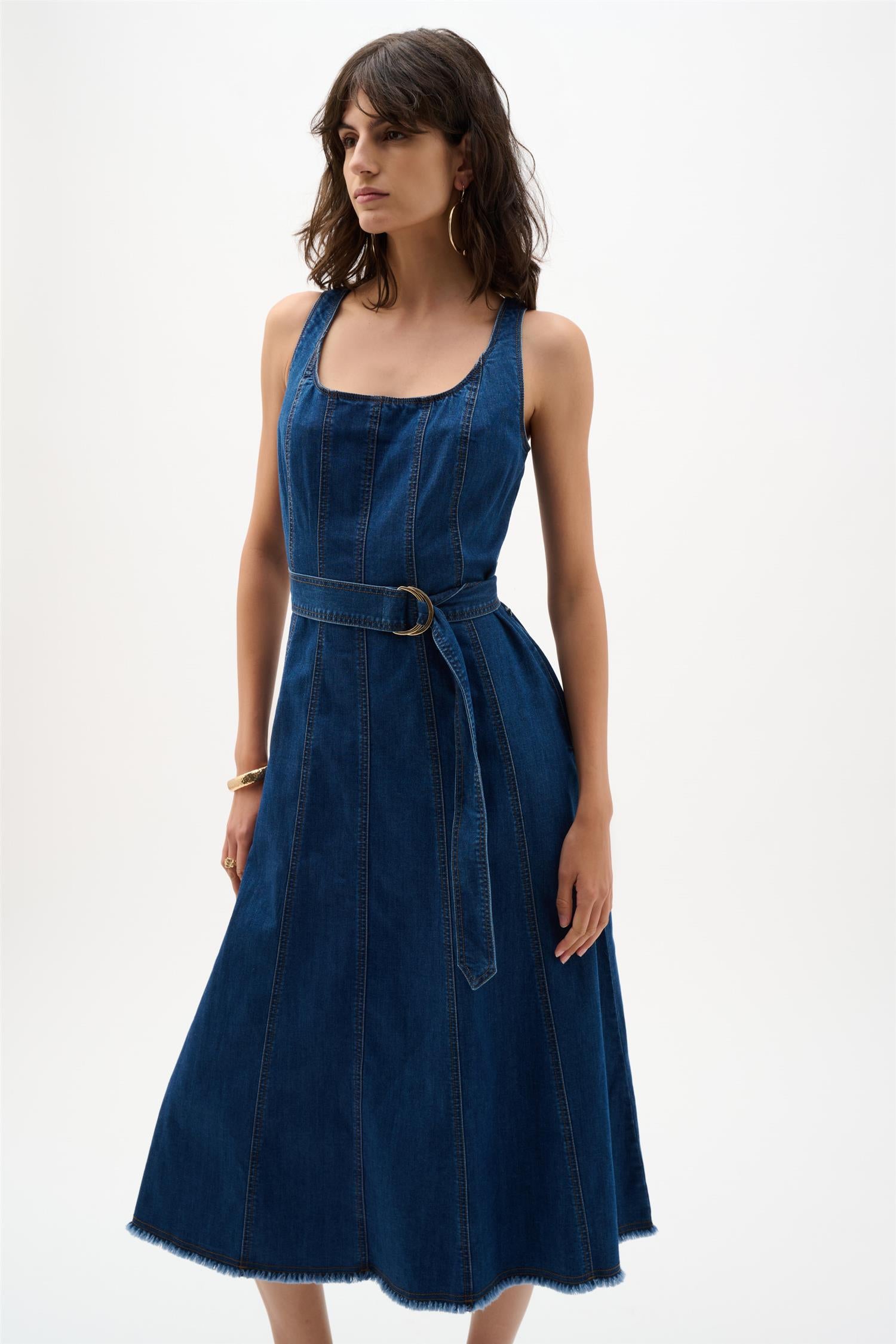 Denim Fit And Flare Midi Dress With Belt