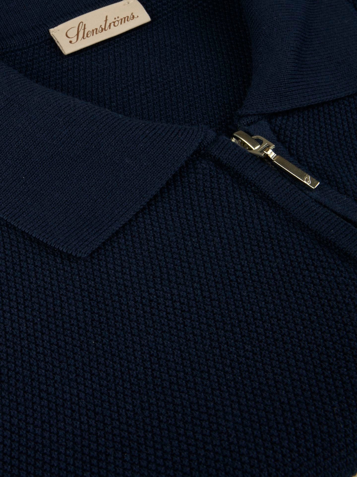 Polo Shirt Knitted Zip Texture Organic Cotton Navy