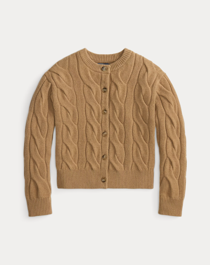 Cable-Knit Wool Cashmere Cardigan Camel