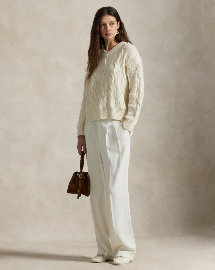 Cable-Knit Wool-Cashmere V-Neck Jumper Authentic Creme