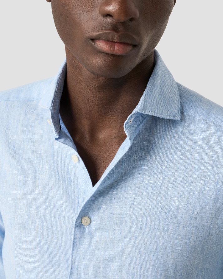 LIGHT BLUE SOLID TWILL LINEN SLIM SHIRT