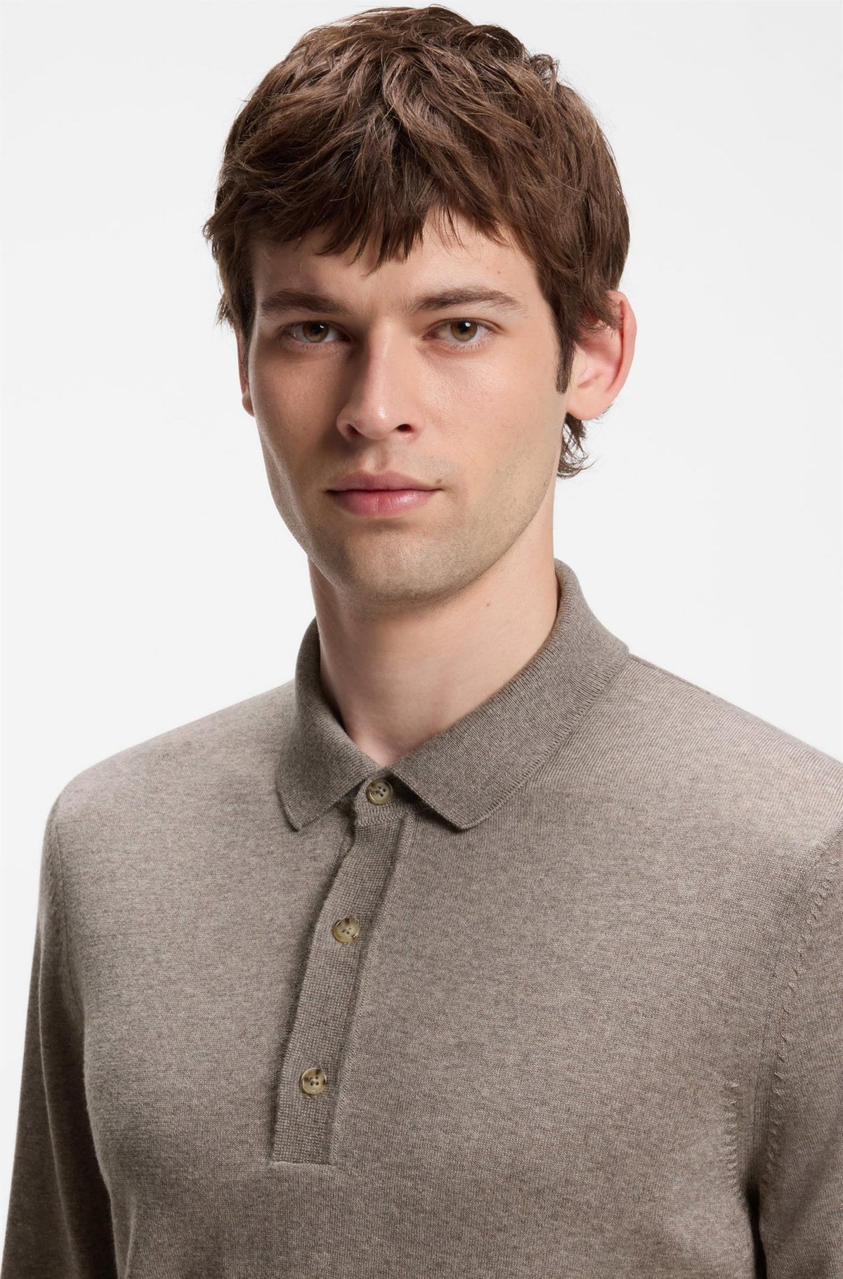 Lancione Merino Wool Polo Sweater Open Brown