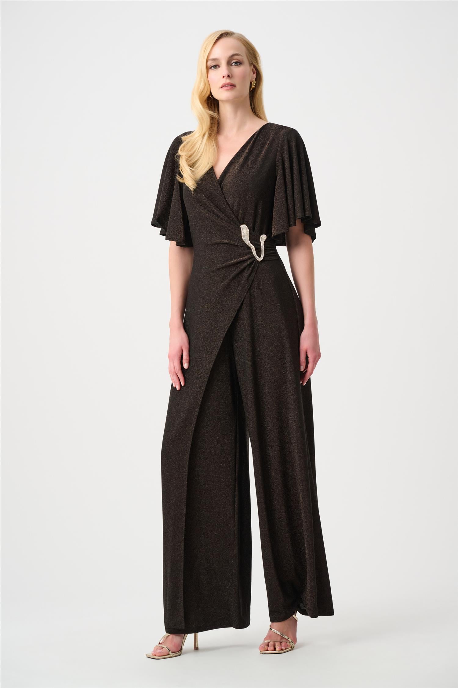 Sparkle Knit Wide Leg Wrap Jumpsuit Bronze
