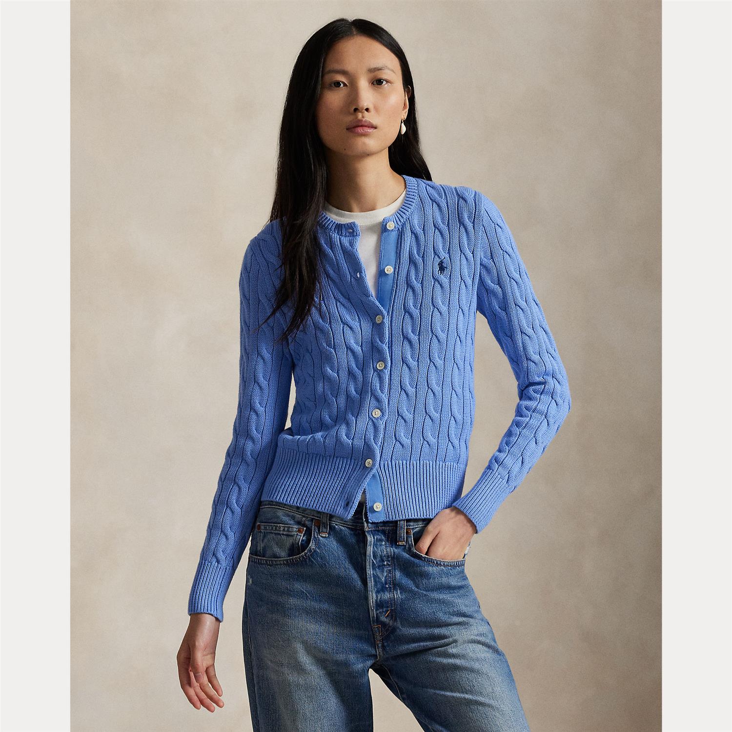 Cable-Knit Cotton Crewneck Cardigan - blue