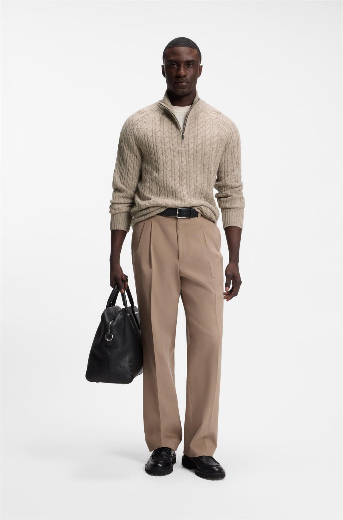 H-Furore Zip Neck Sweater with Cable Pattern Light Brown