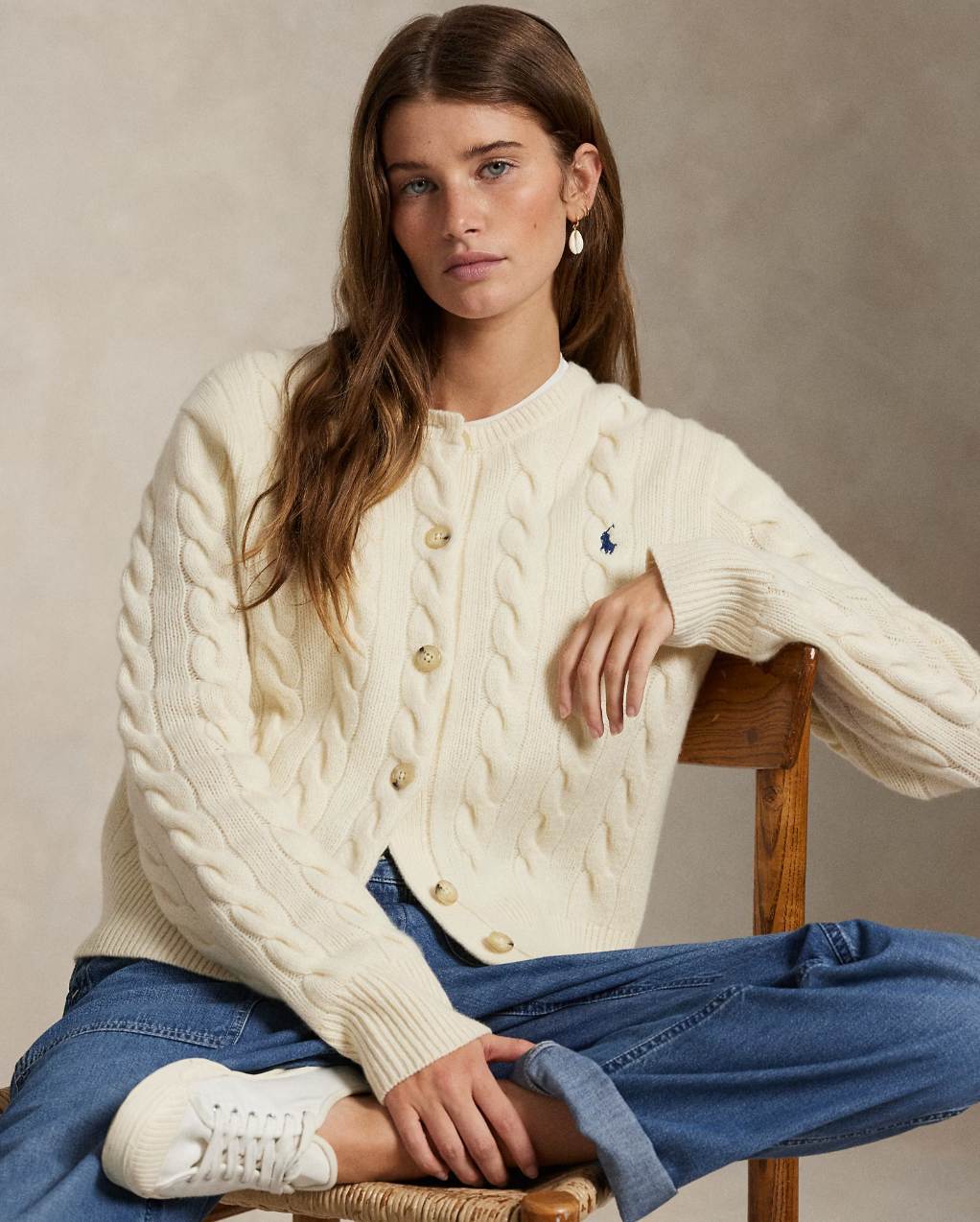 Cable Knit Wool/Cash Cardigan Auth Cream