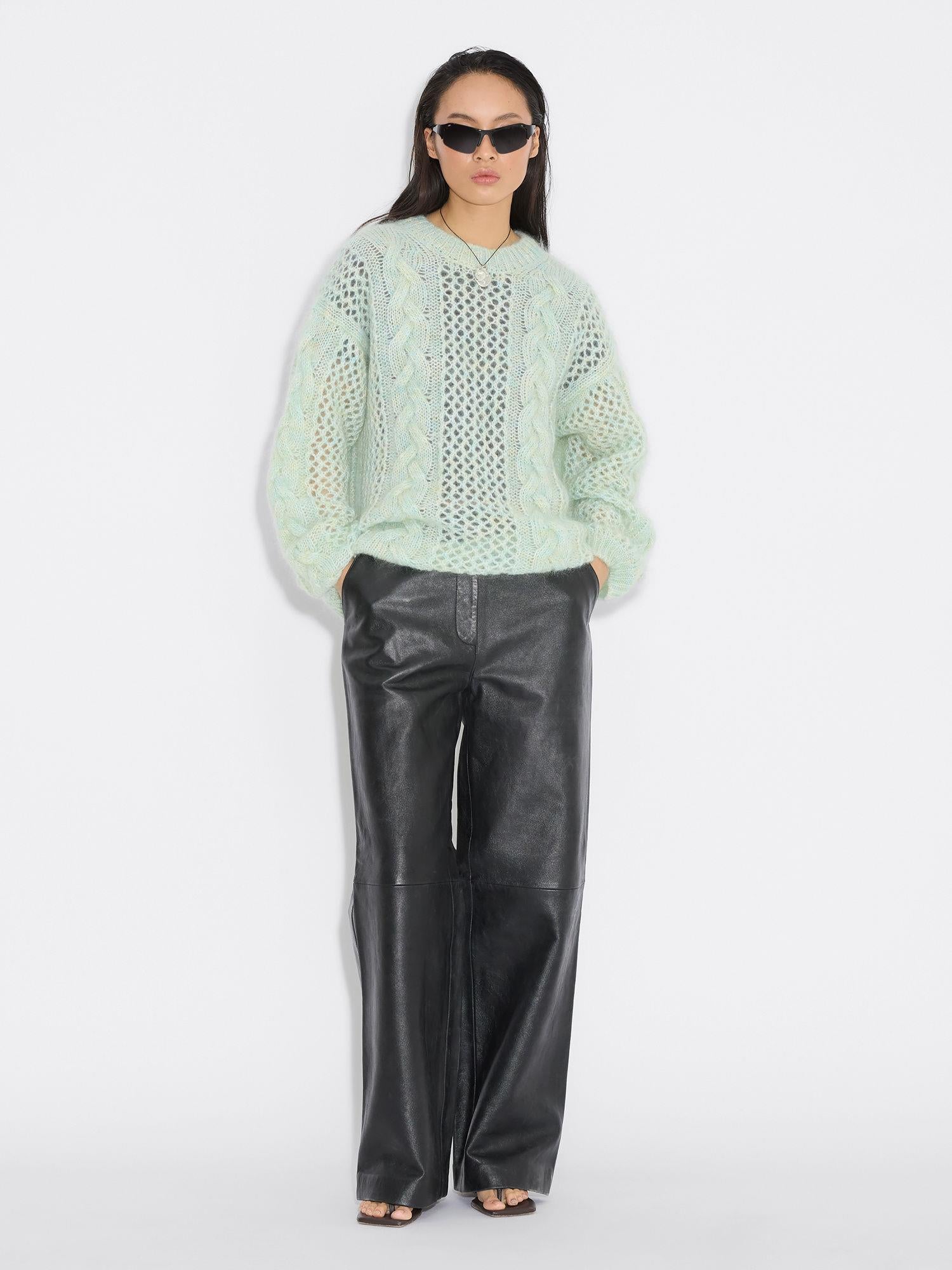 Mohair Cable Knit Crew Green mix