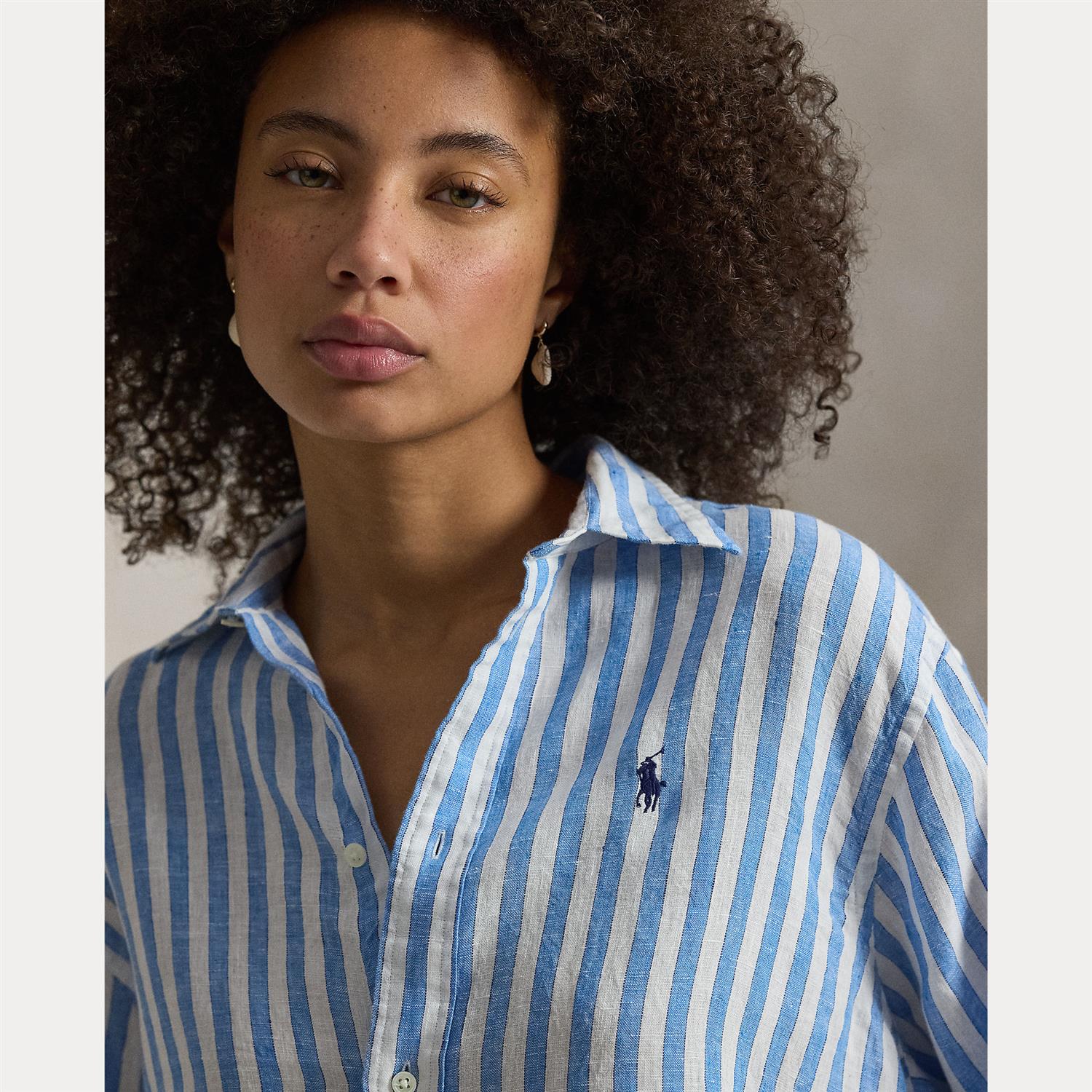 Wide Cropped Striped Linen Shit White Blue Multi