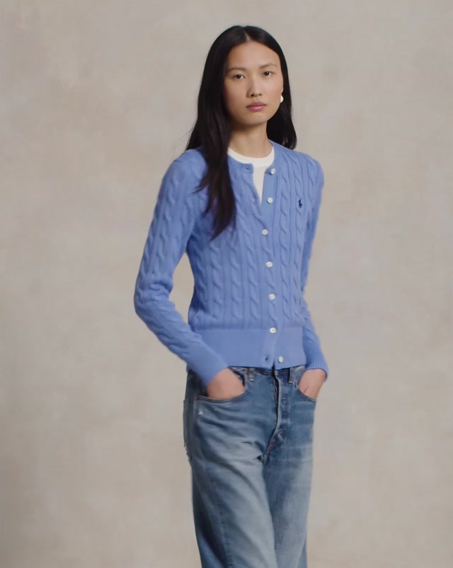 Cable-Knit Cotton Crewneck Cardigan - blue