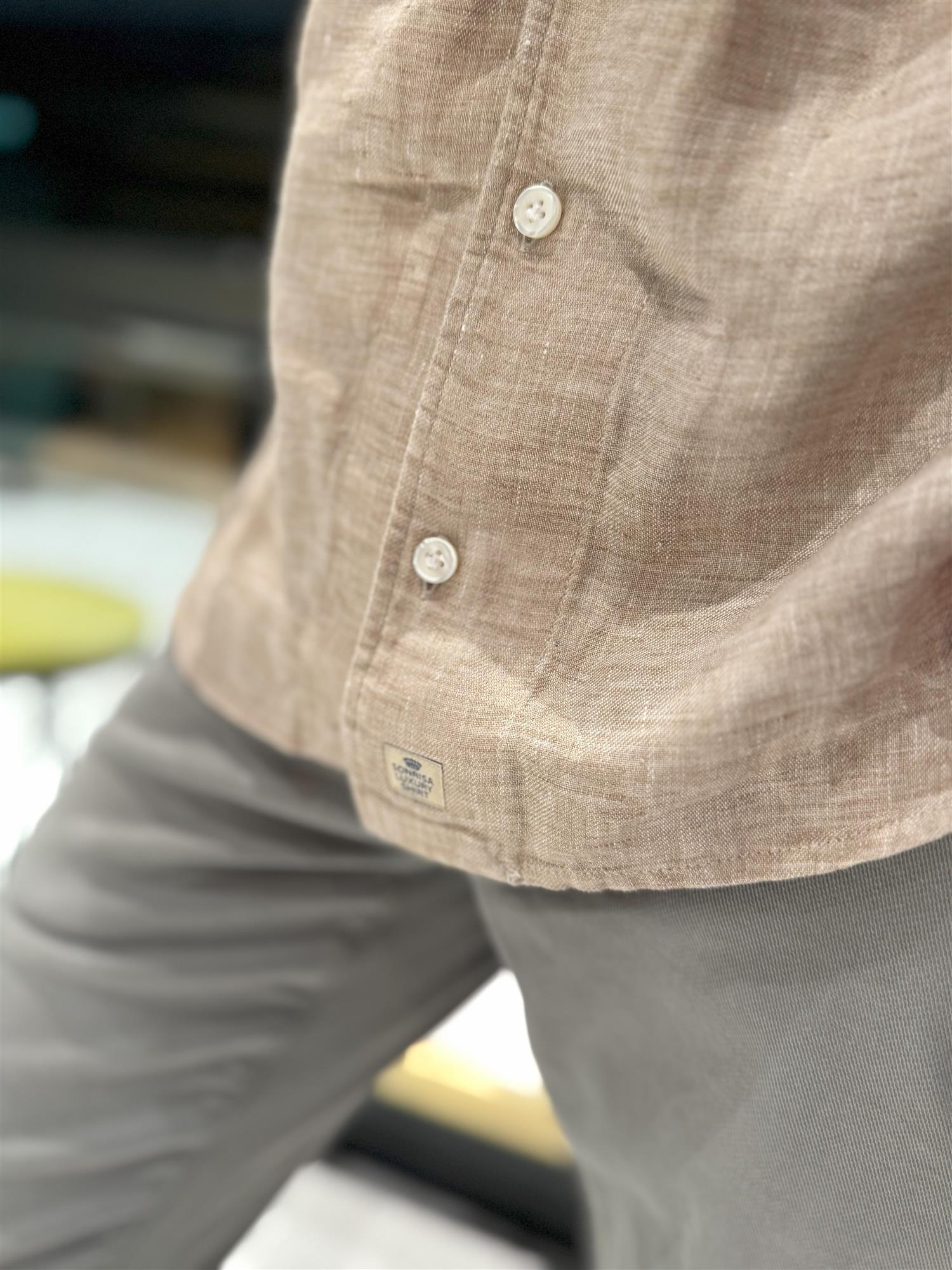NO COLLAR LINEN SHIRT KHAKI