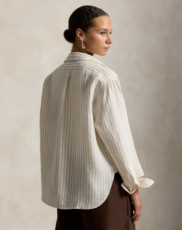 Wide Cropped Gingam Linen Shirt Dune Tan