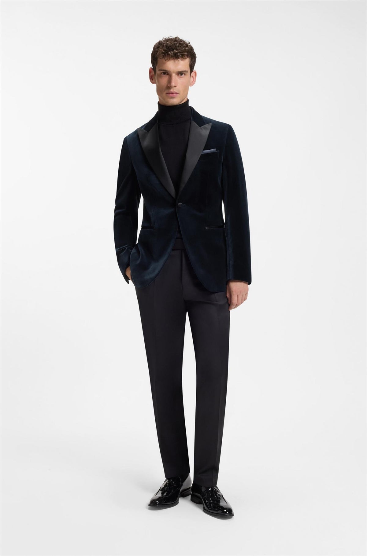 H-Hutson Slimfit Tuxedo Jacket In Cotton Velvet Dark Blue