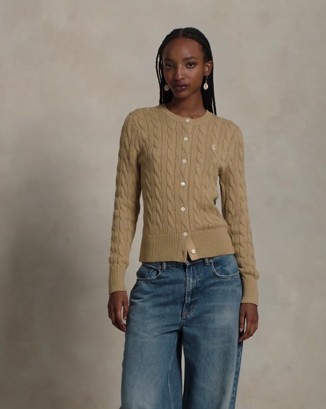 Cotton Cable Knit Long Sleeve Cardigan Khaki