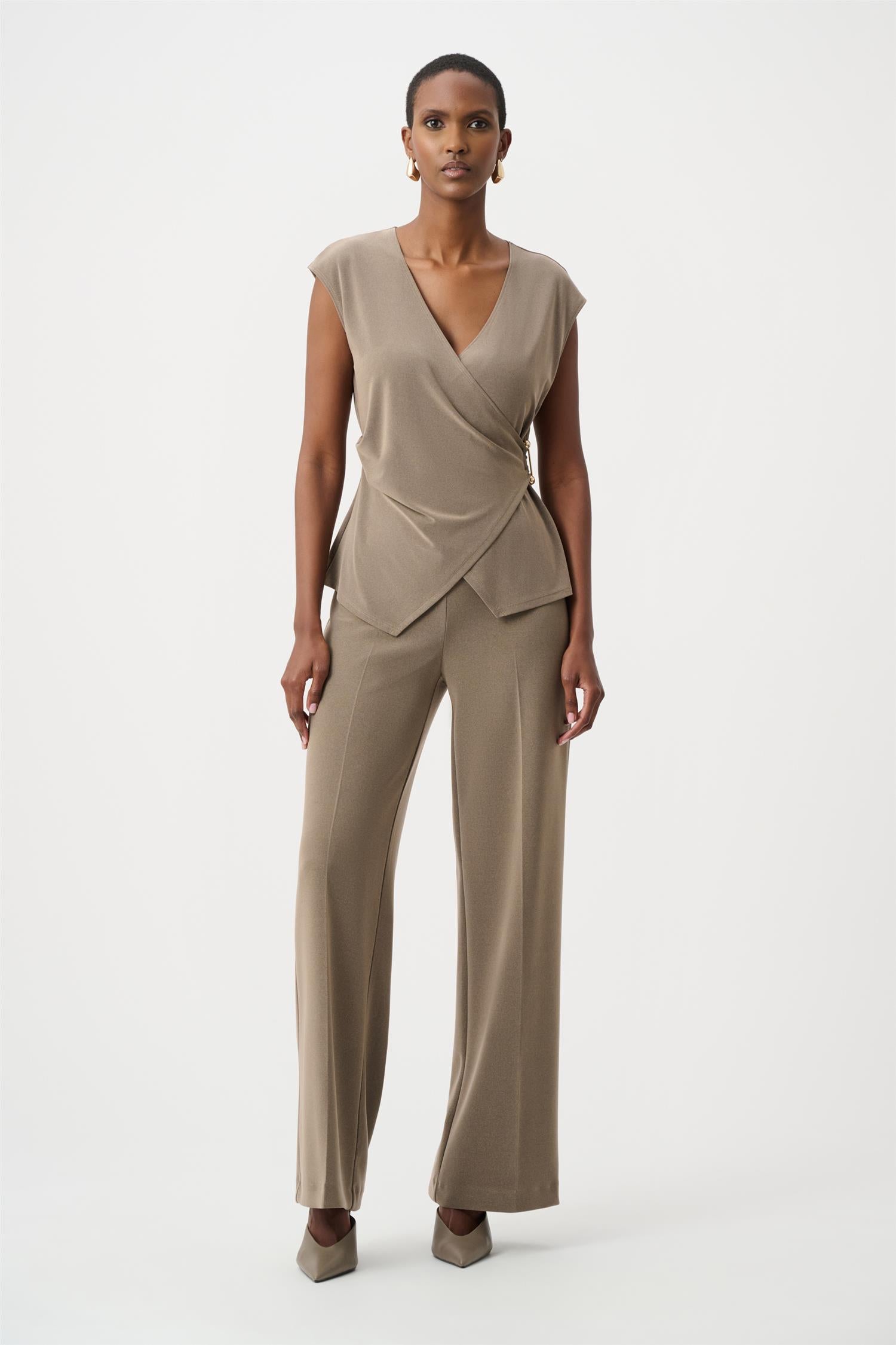 Melange Silky Knit Fitted Wrap Top Taupe