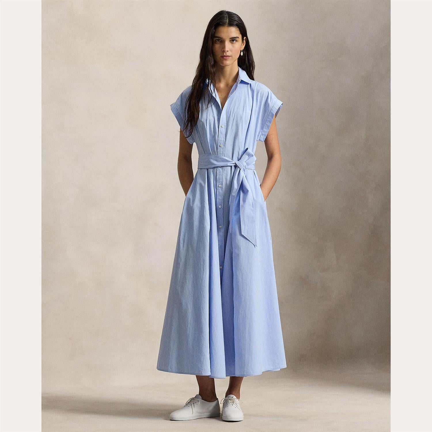 Striped Belted Cotton Dress - Blue