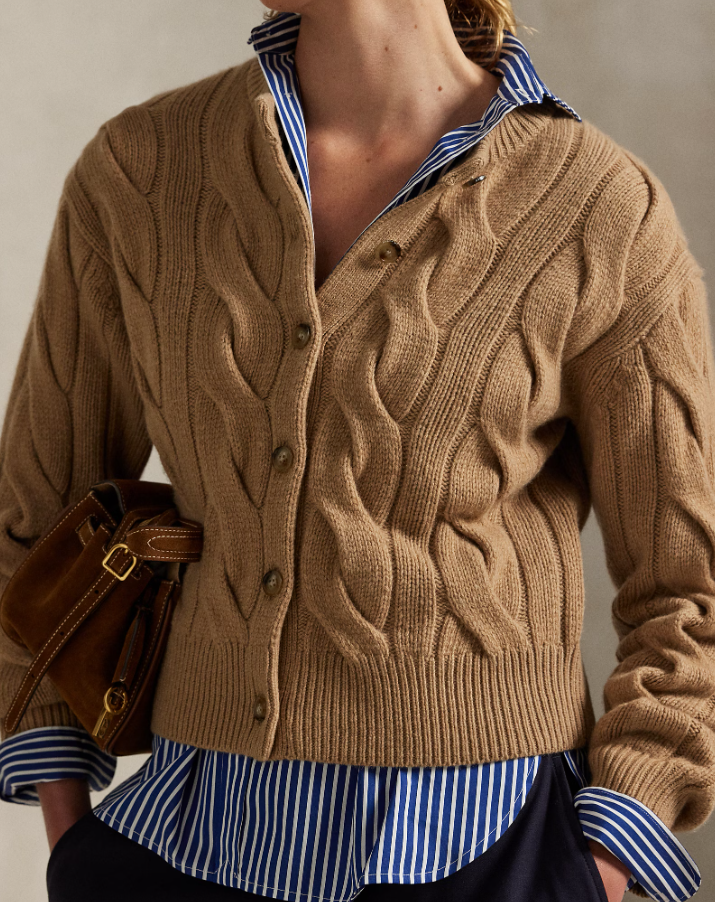Cable-Knit Wool Cashmere Cardigan Camel