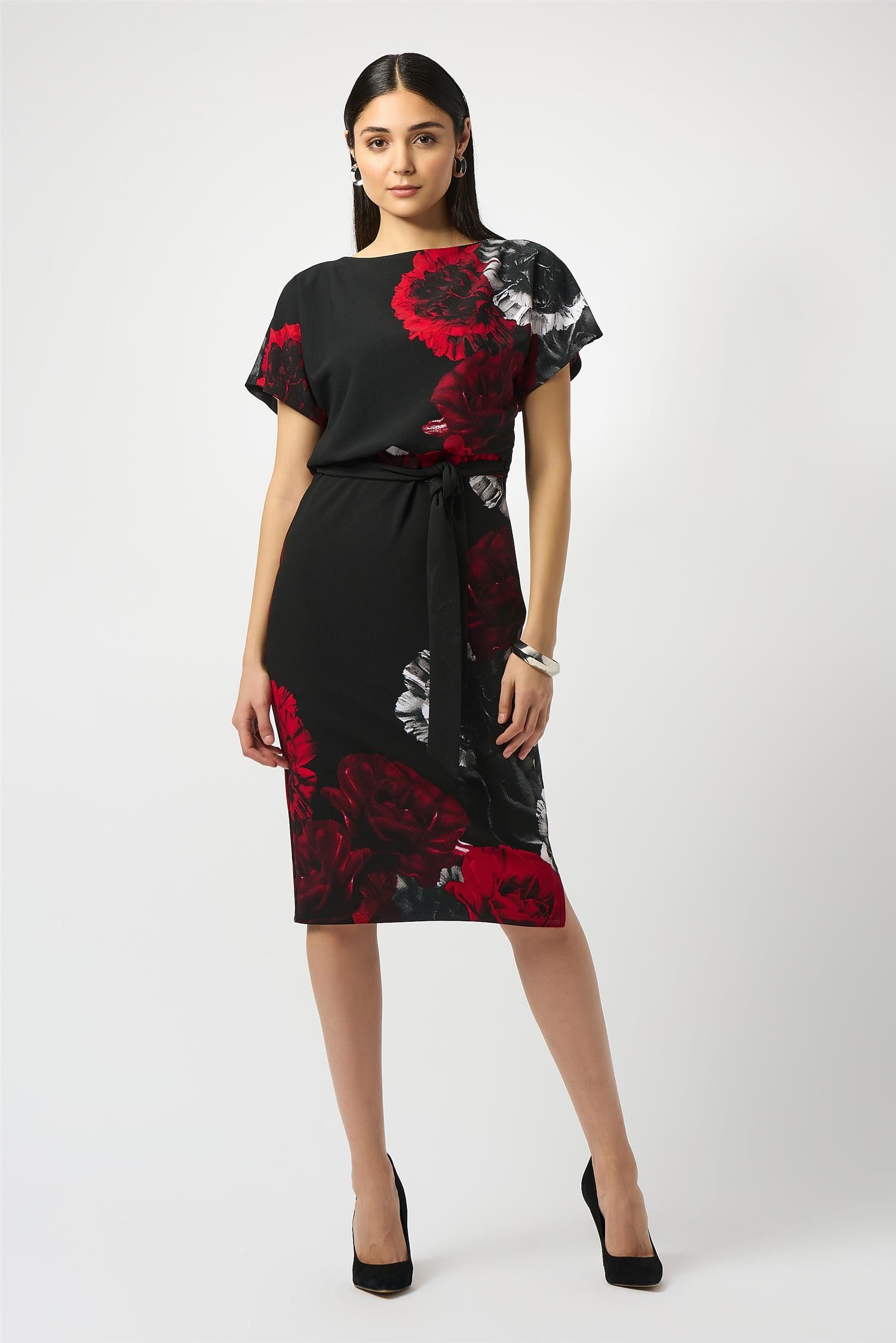 Scuba Crepe Floral Print Sheath Dress Black/Red