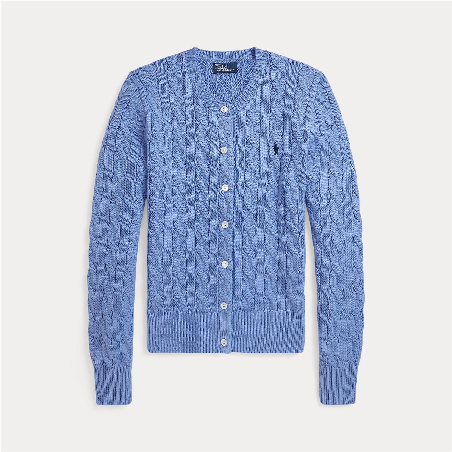 Cable-Knit Cotton Crewneck Cardigan - blue