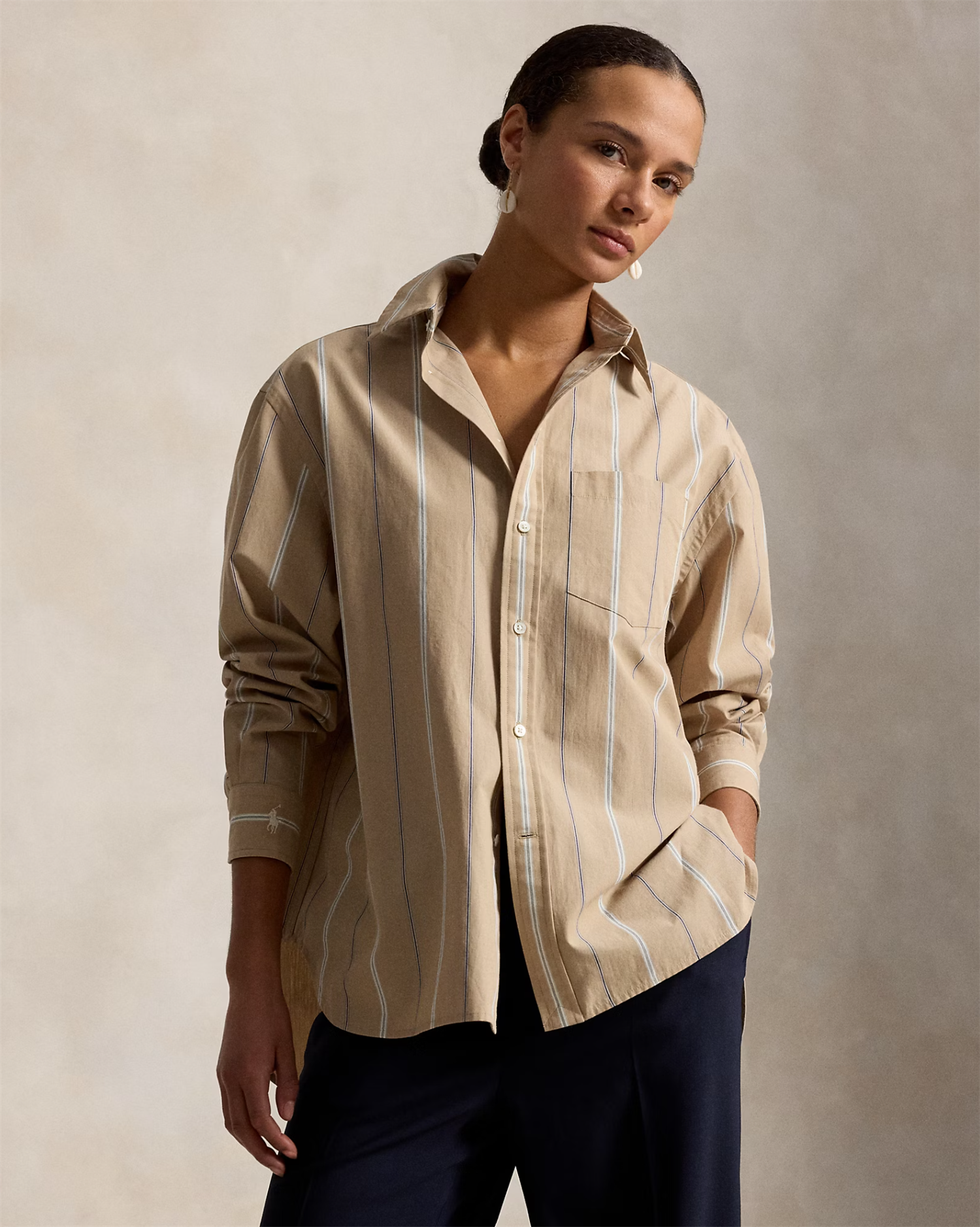 Oversized fit striped cotton shirt tan cream