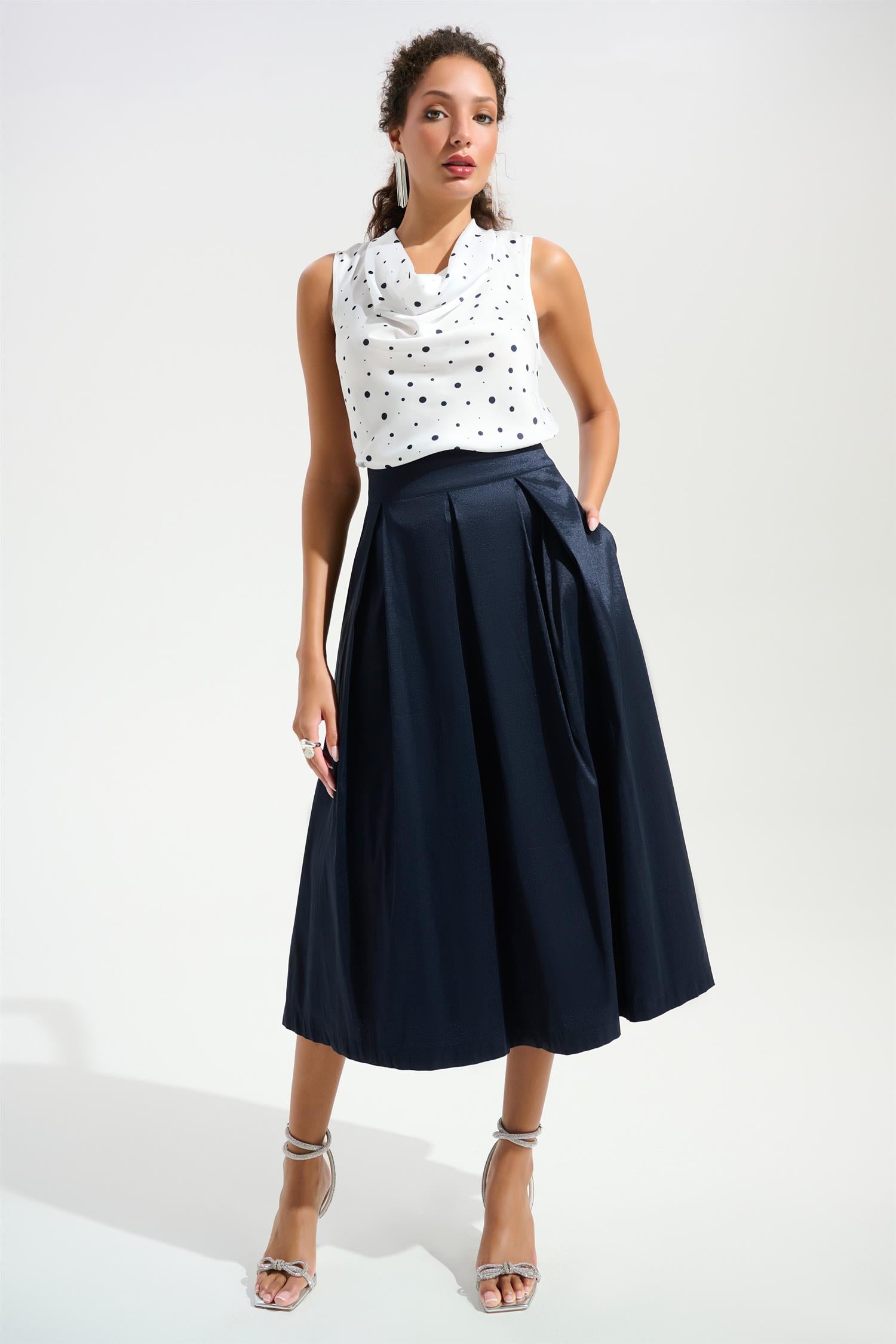 Signature Stretch Taffeta Flared Skirt With Box Pleats Midnight Blue