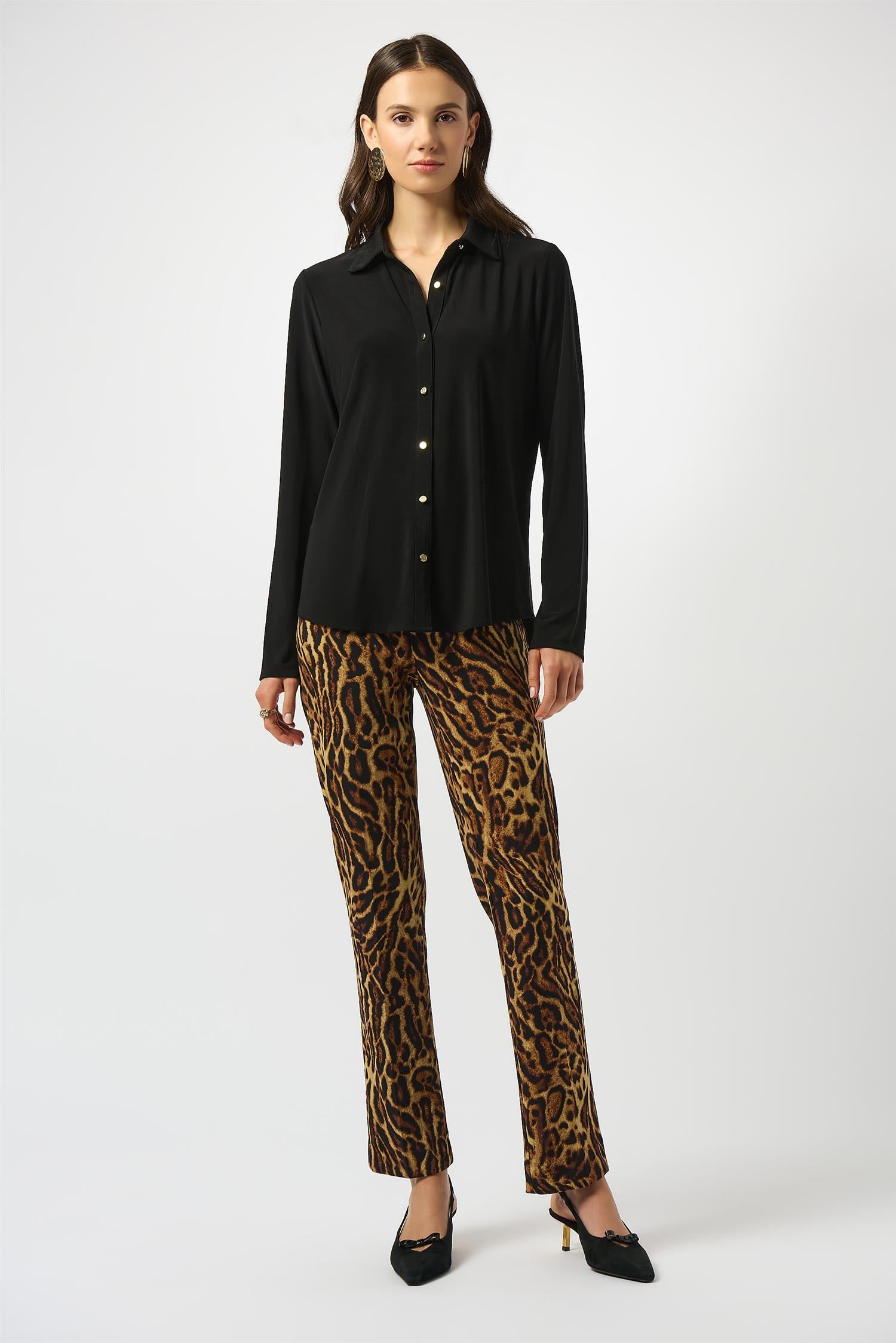 Silky Knit Button-Front Straight Blouse Black