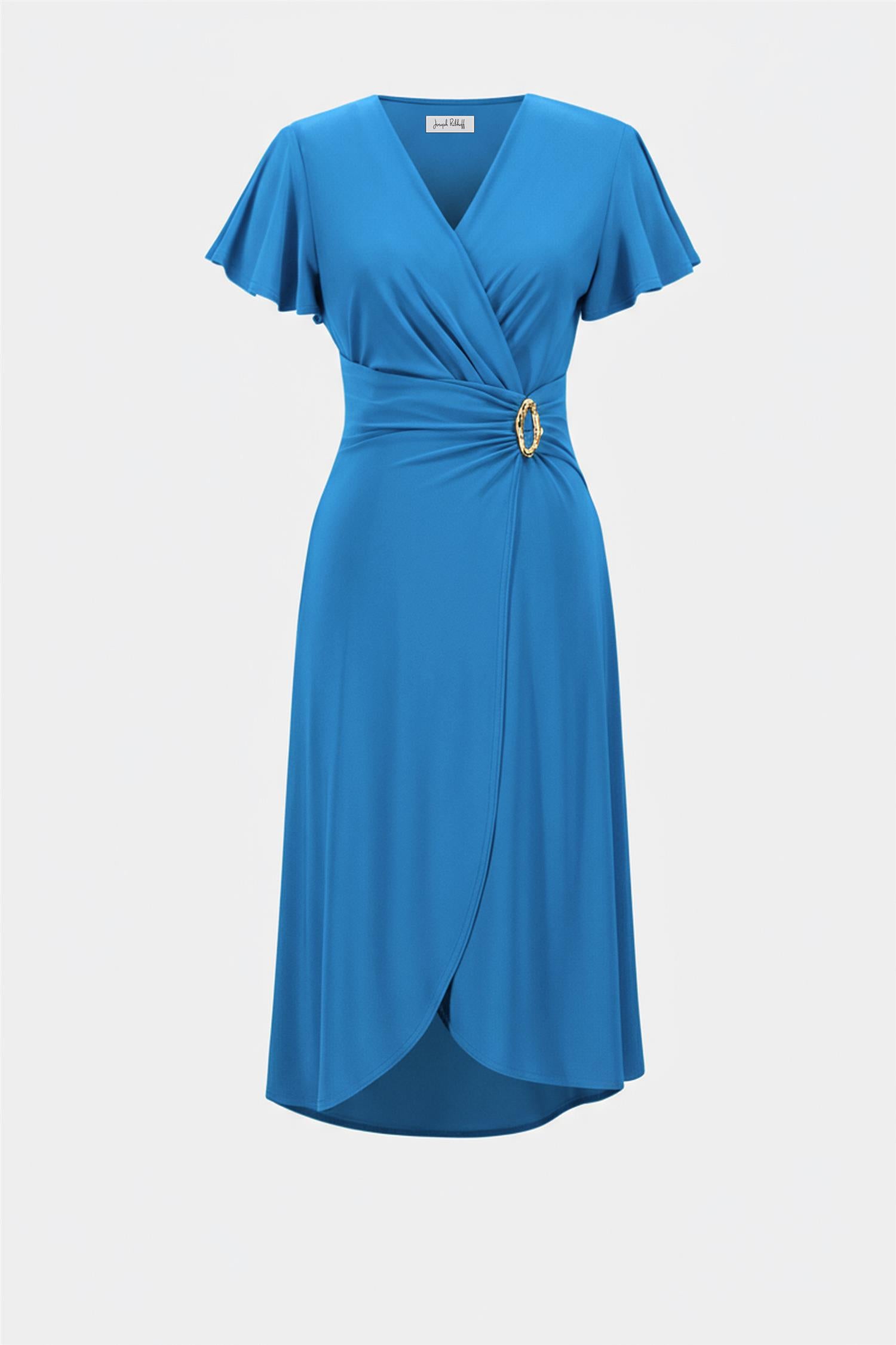 Silky Knit Wrap Dress With Ruffled Sleeves Harbor Blue