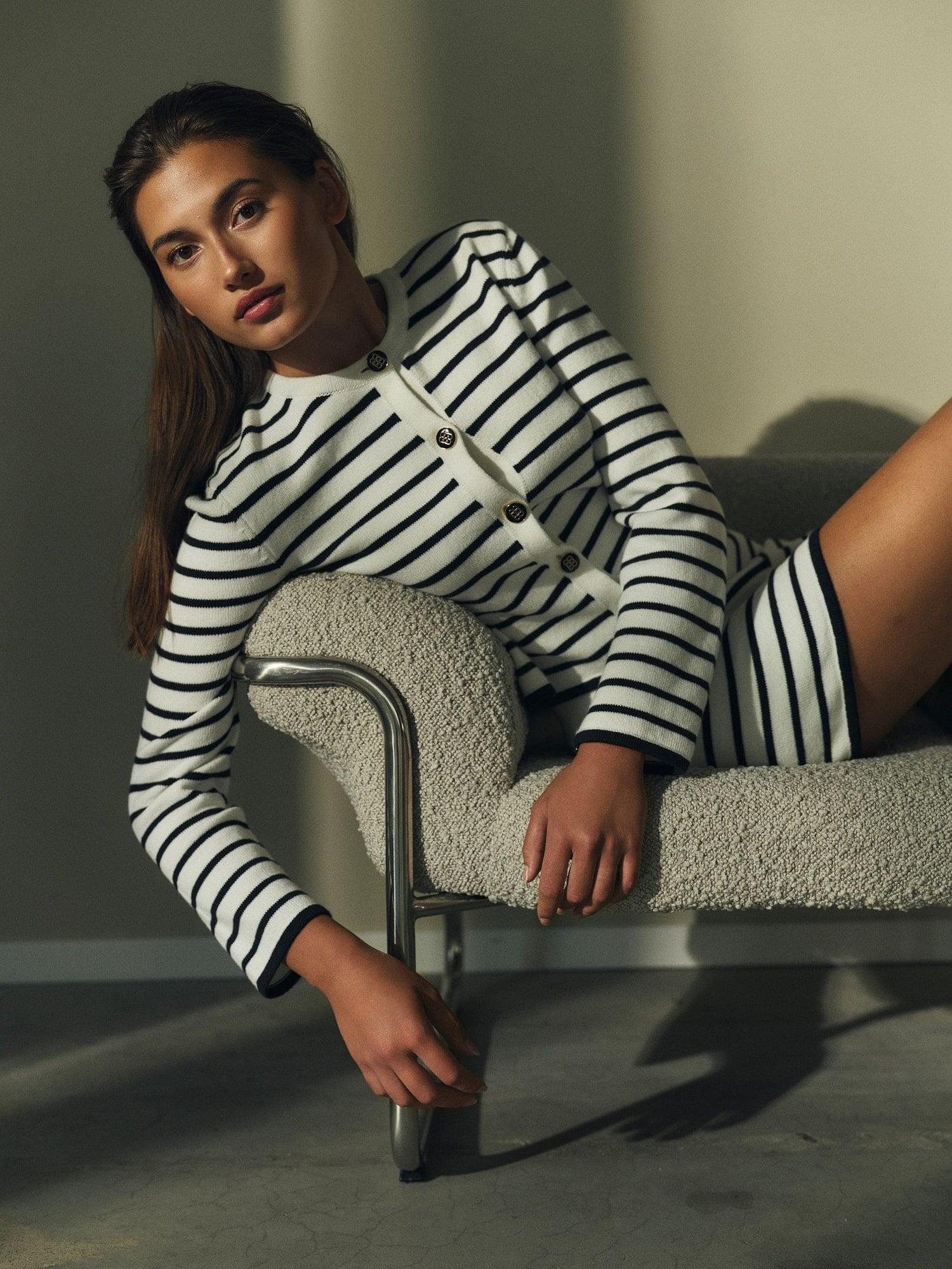 Lisa Cotton Cardigan White With Navy Stripes