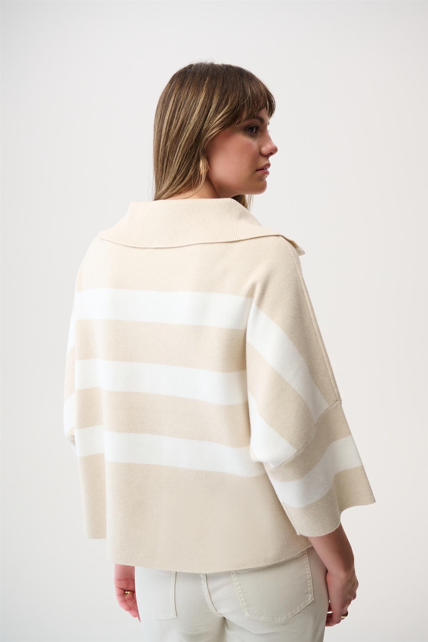Brushed Visc Stripe Print Boxy Sweater w/Zipped Collar