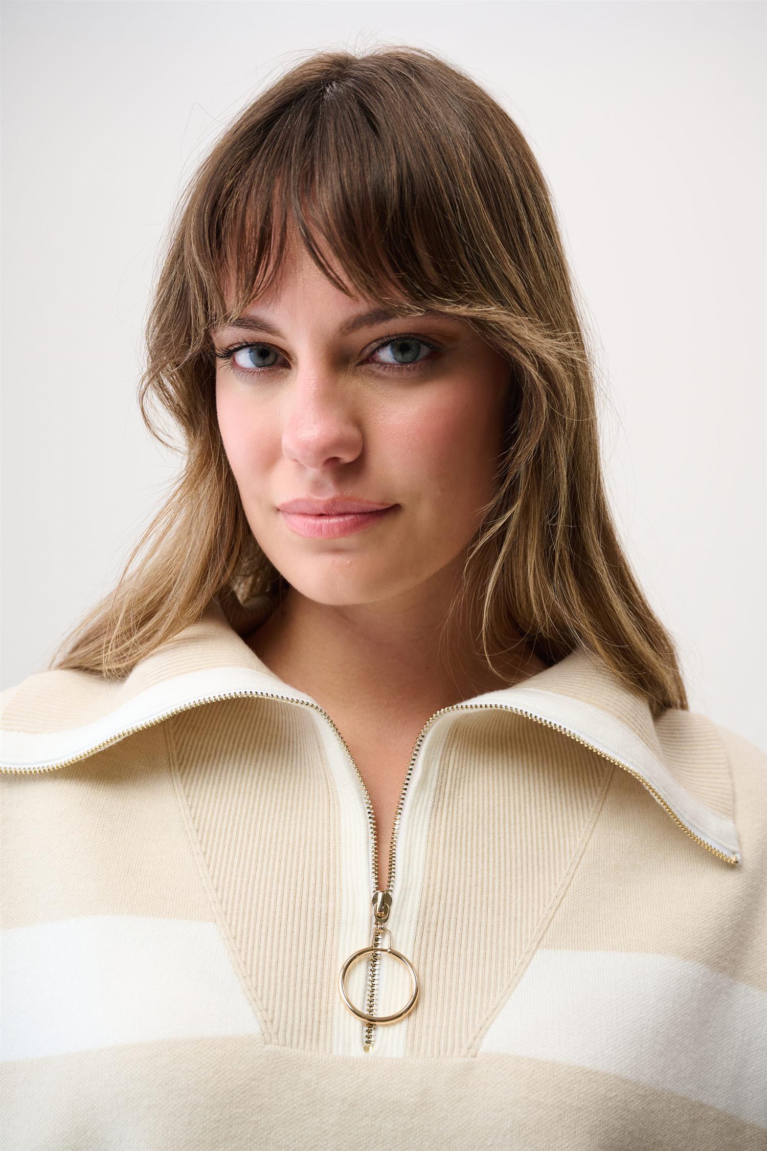 Brushed Visc Stripe Print Boxy Sweater w/Zipped Collar