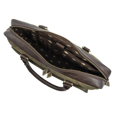 Mensajero Briefcase Brown Leather and Forest Canvas