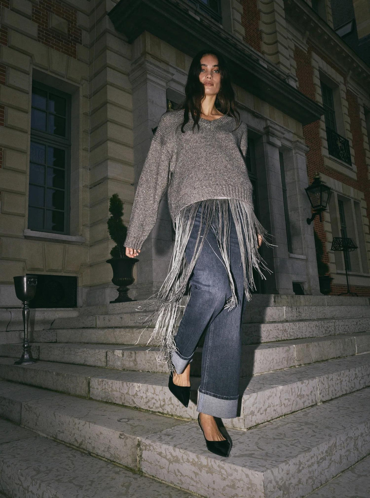 Mmwelma Glam V-Neck Knit Dk Grey Mel