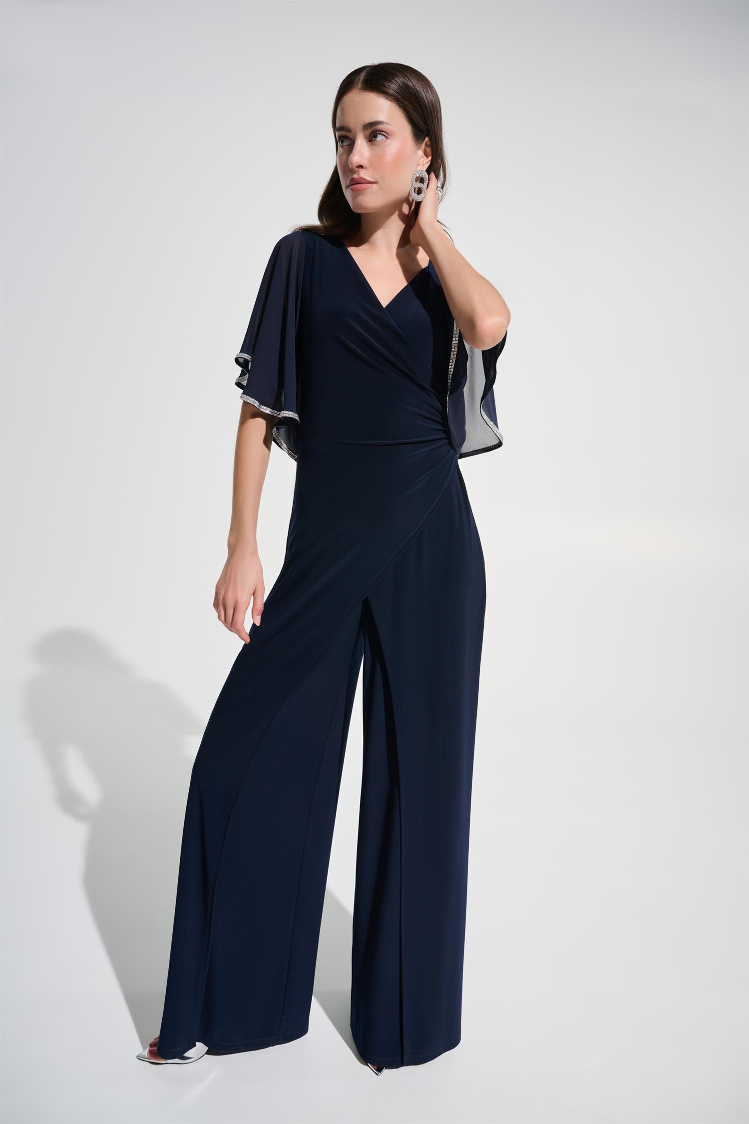 Signature |Silky Knit Wrap Wide Leg Jumpsuit With Rhinestone Trim Midnight blue
