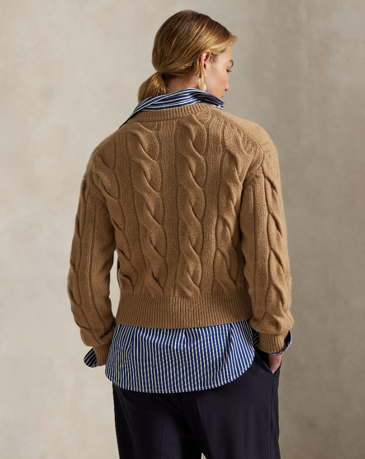 Cable-Knit Wool Cashmere Cardigan Camel