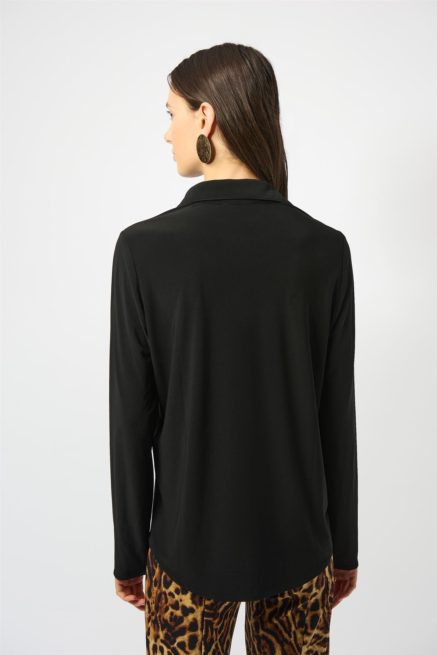 Silky Knit Button-Front Straight Blouse Black