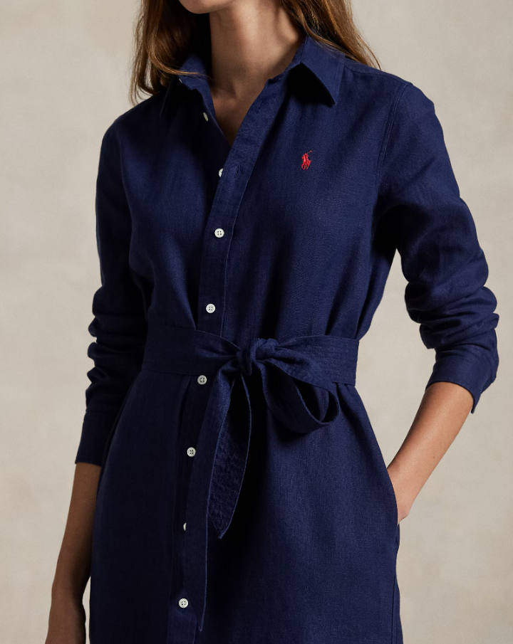 Belted Linen Shirtdress Navy