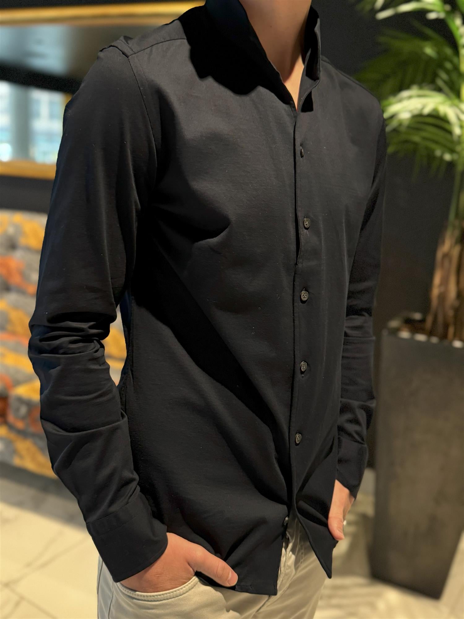 FINE JERSEY SHIRT WITH NO COLLAR BLACK