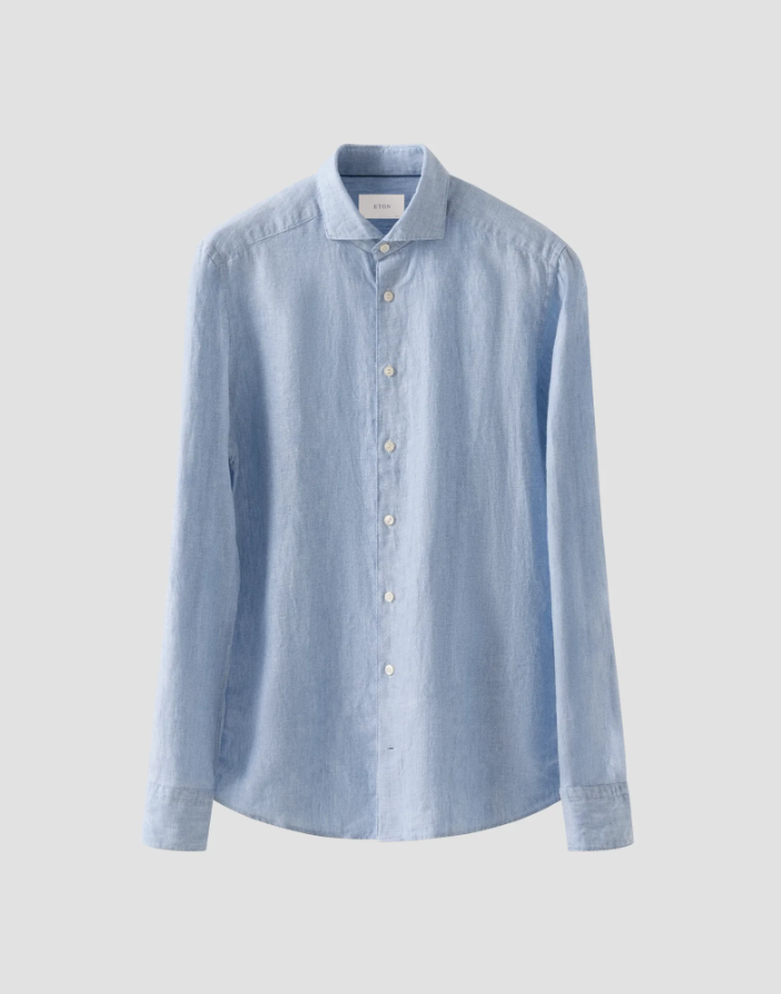 LIGHT BLUE SOLID TWILL LINEN SLIM SHIRT