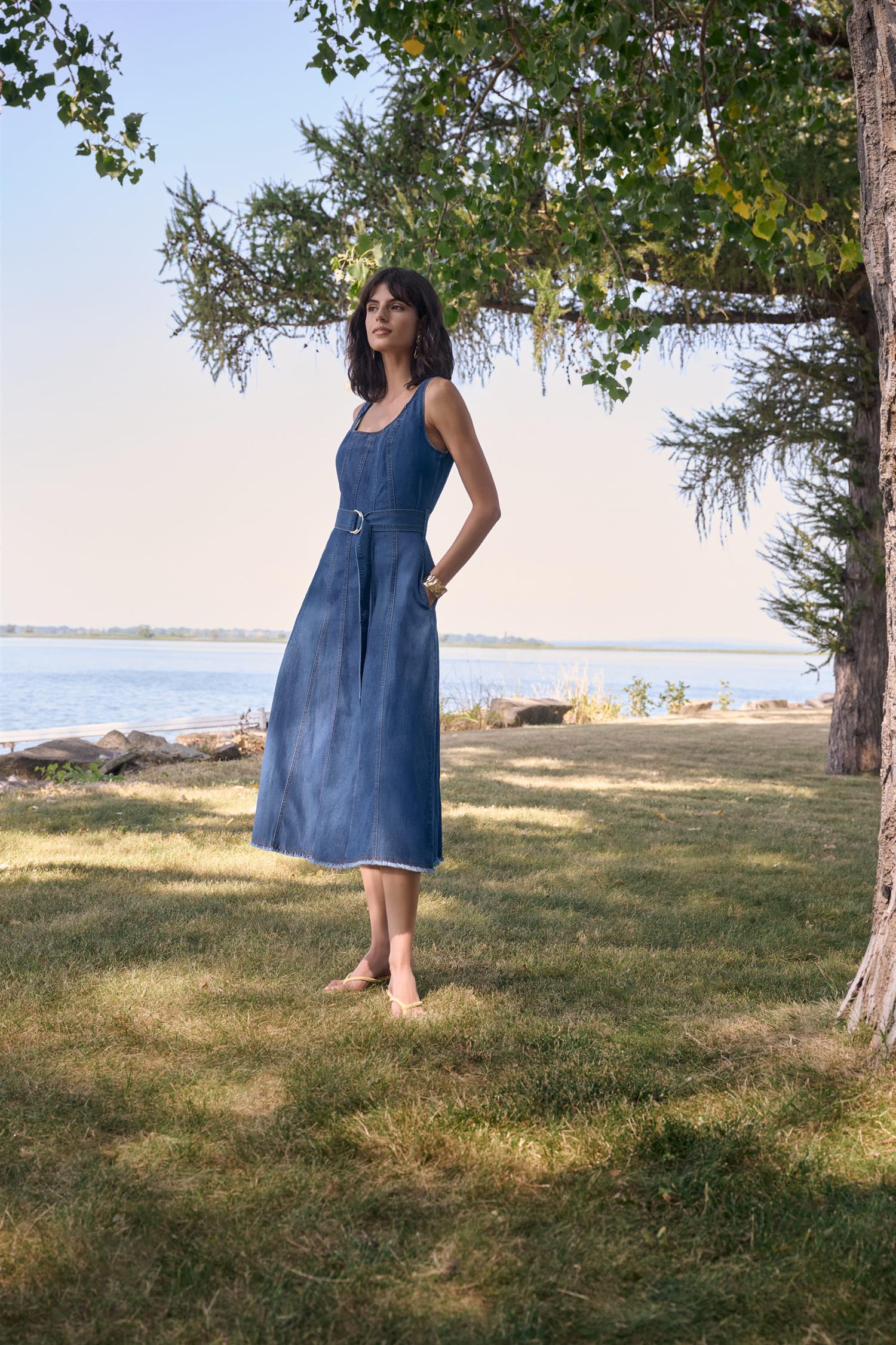 Denim Fit And Flare Midi Dress With Belt