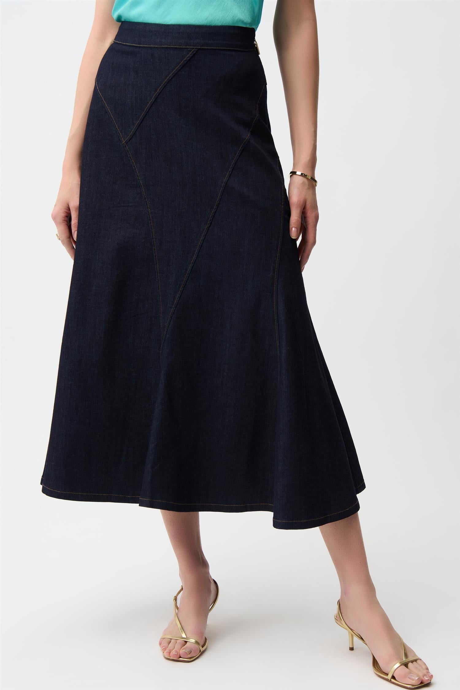 Denim Flare Skirt With Exposed Zipper Dark Denim