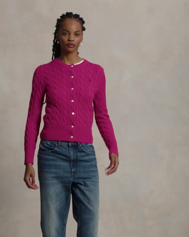 Cotton Cable Knit Long Sleeve Cardigan Pink