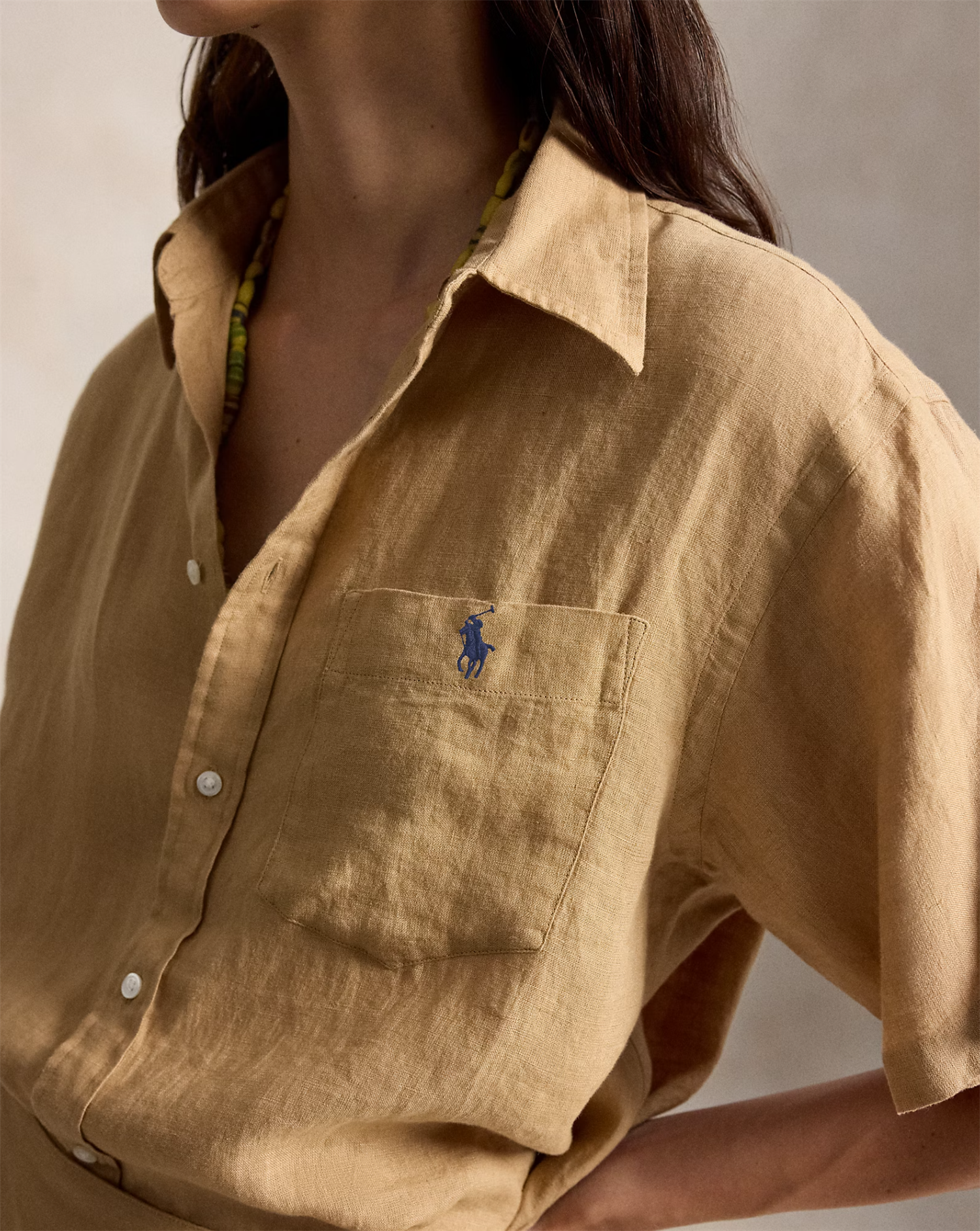 Oversized fit linen short-sleeve shirt camel