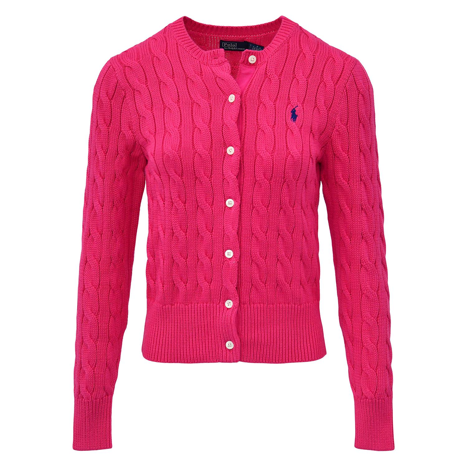 Cotton Cable Knit Long Sleeve Cardigan Pink