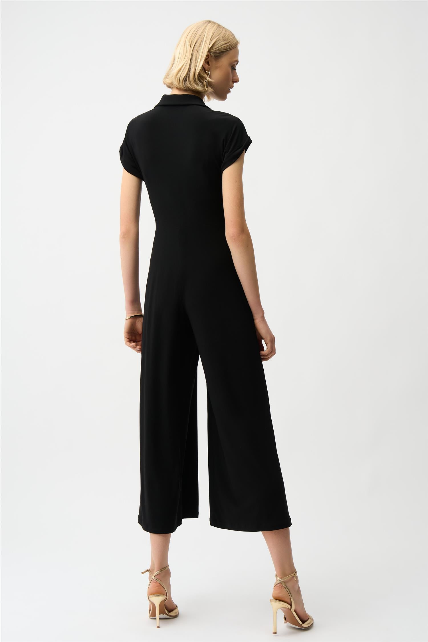 Silky Knit Culotte Jumpsuit With Gold Zipper Black