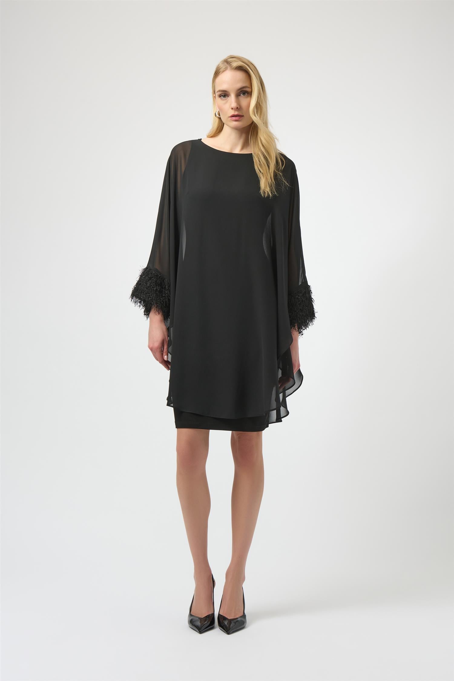 Silky Knit & Chiff Layered Dress w/Fringe Detail