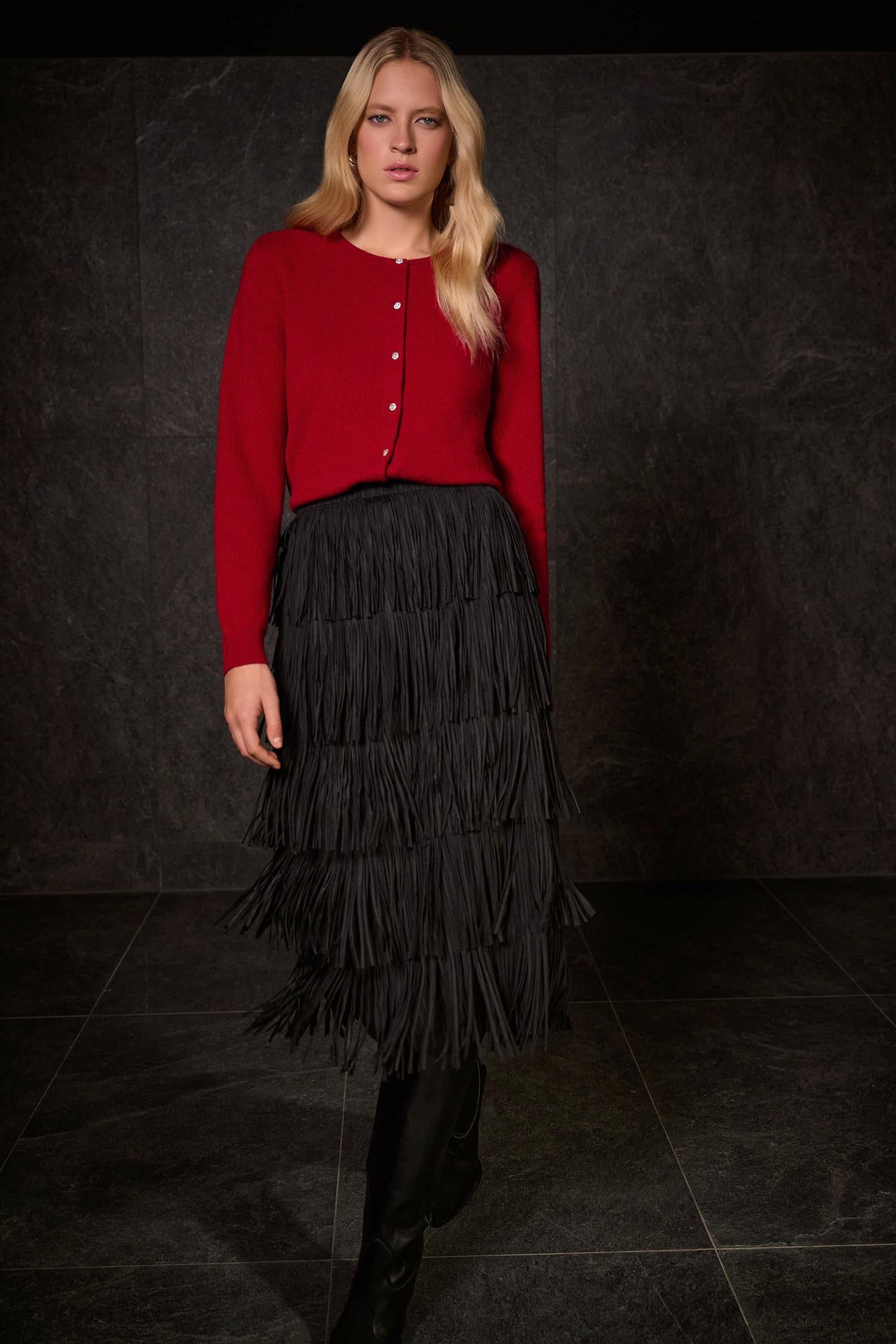 Pleated Pencil Skirt w/Tiered Fringes