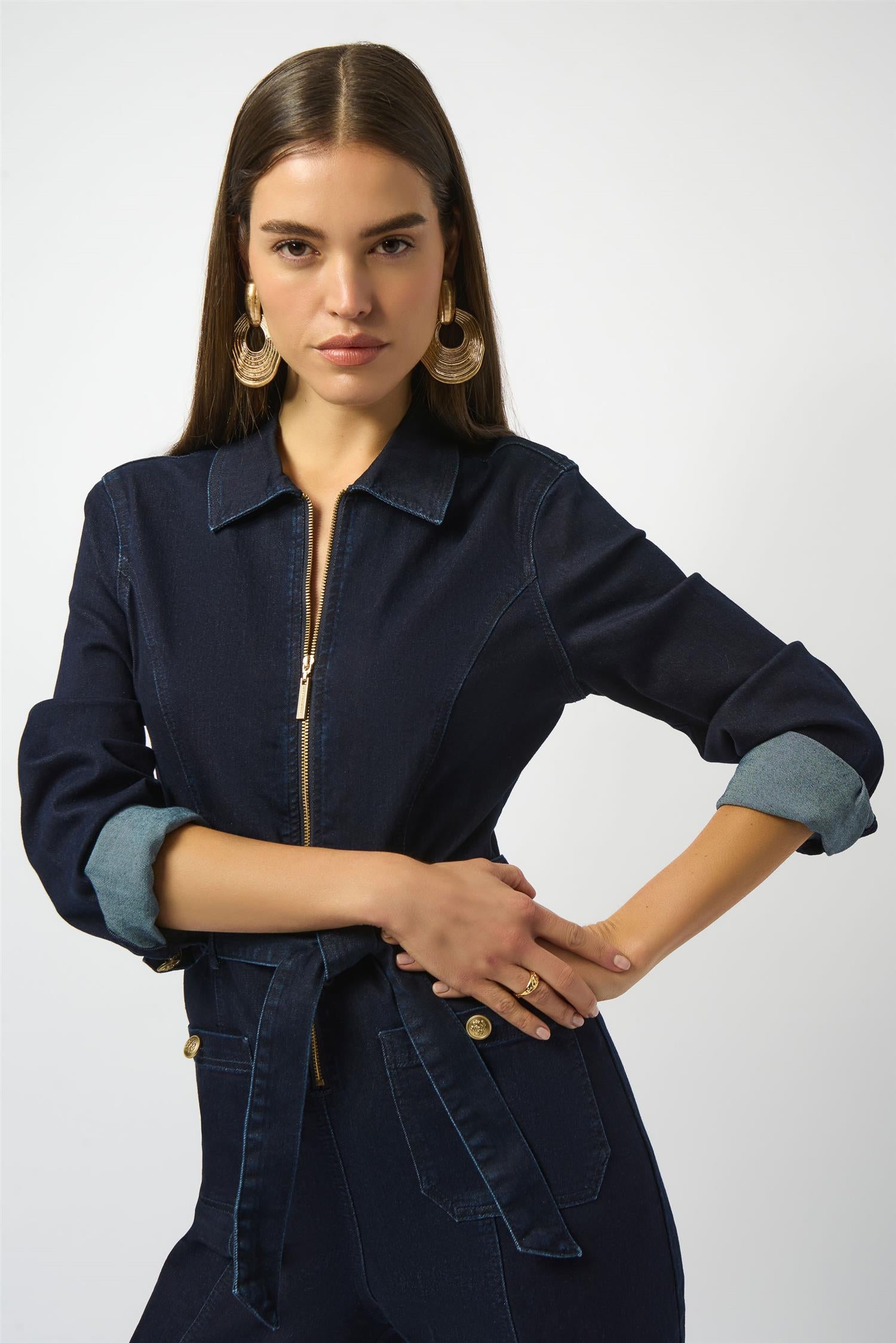 Stretch Denim Zip Front Wide-Leg Jumpsuit Indigo