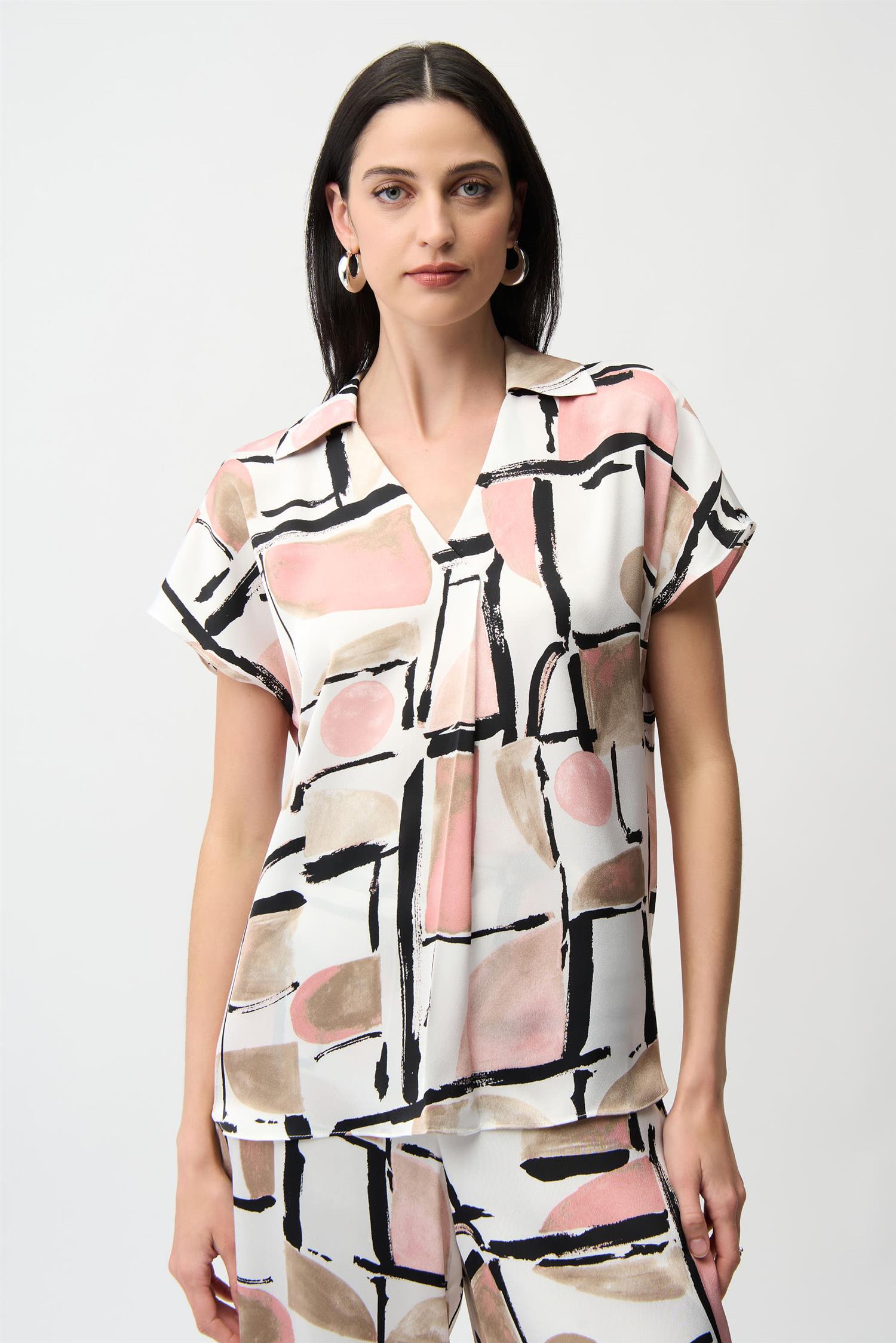 Recycled Satin Abstract Print Boxy Top With V-neckline Vanilla/Multi
