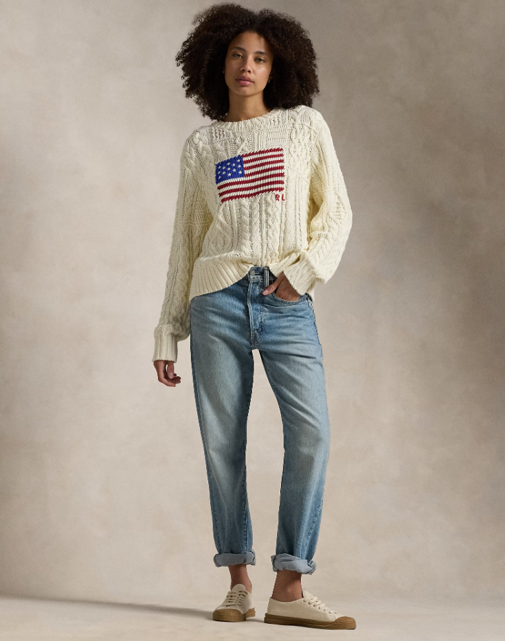 Aran-knit Flag Cotton Jumper-cream