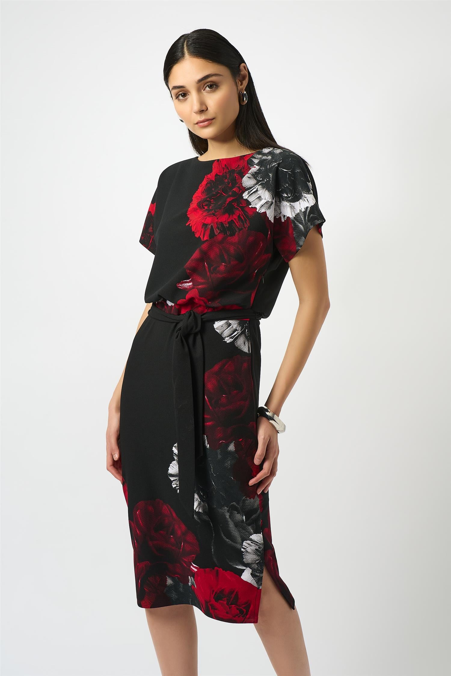 Scuba Crepe Floral Print Sheath Dress Black/Red