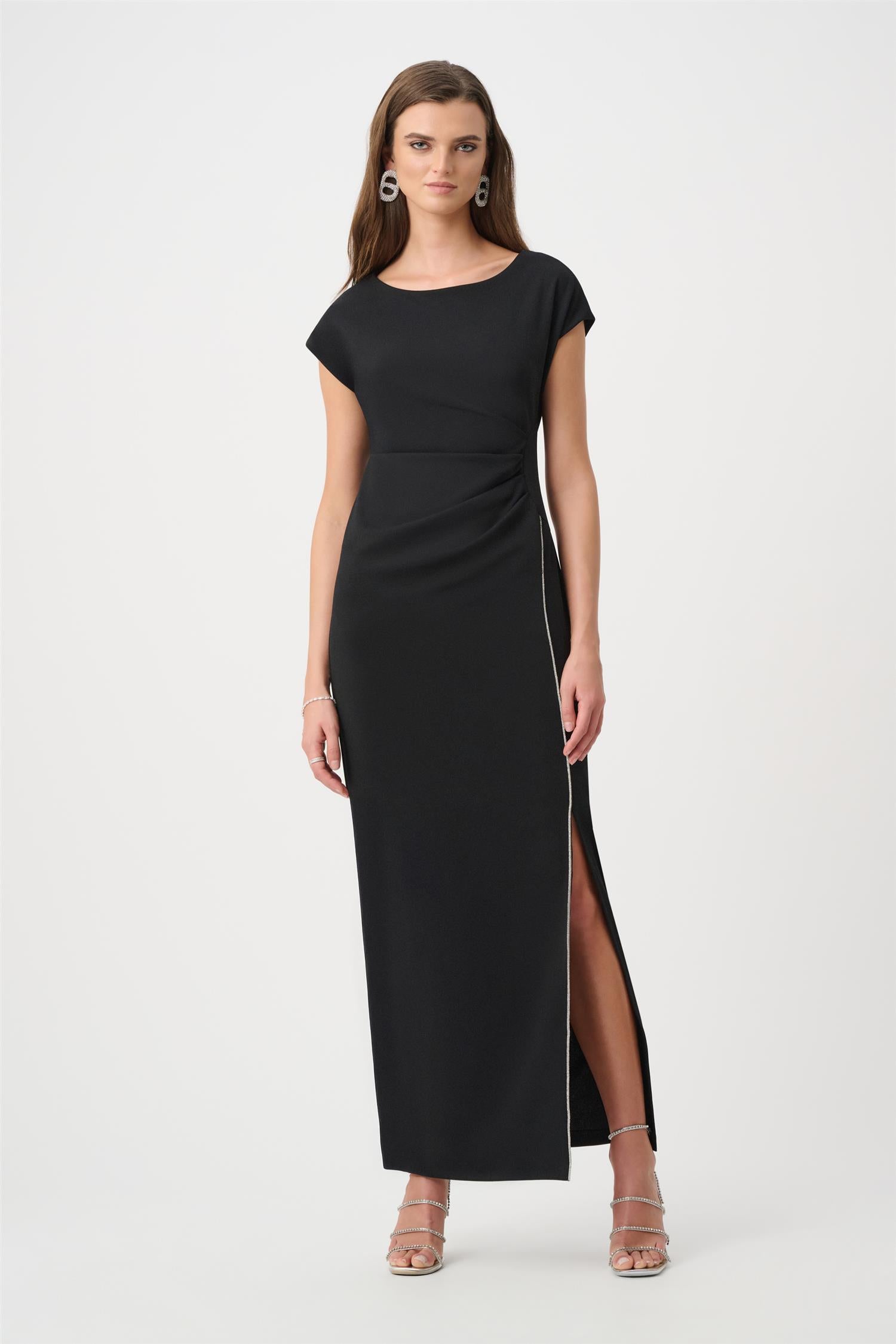 Scuba Crepe Sheath Gown With Rhinestones Piping Black